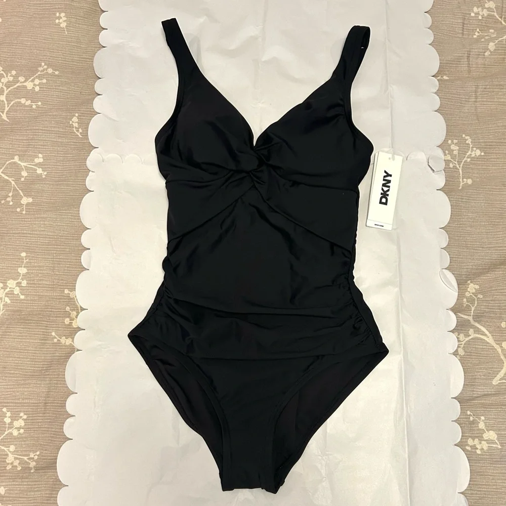 NWT DKNY Black Deep V-Neck Shirred Keyhole Detail One-Piece Swimsuit. - Picture 3 of 12